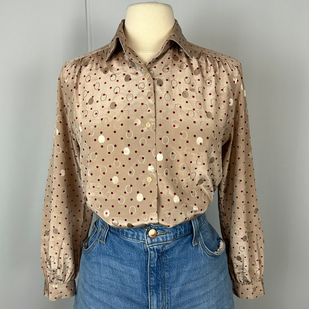 Vtg Blouse Top Size 11 Tan Brown Polka Dot Jacquard Satin Long Sleeve Academia
